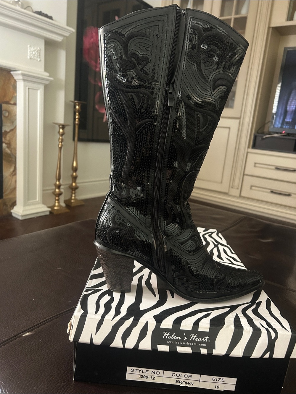 Helena Heart Black Sequin Knee Boot with Stacked Heel